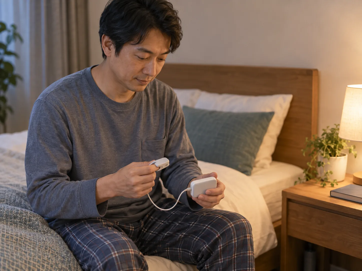 自宅の寝室で簡易睡眠検査の機器を確認する成人のイメージ