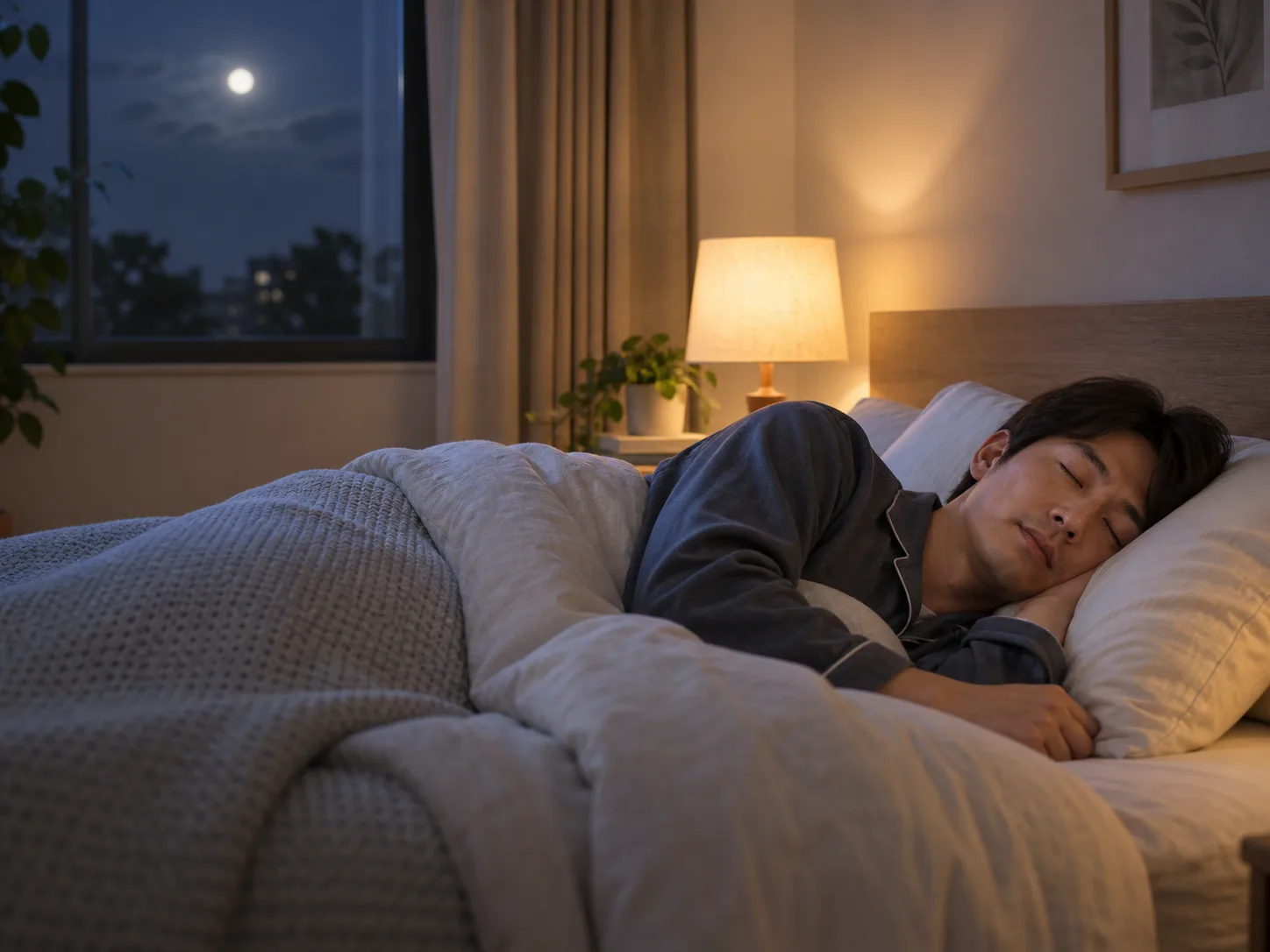 夜の寝室でベッドに入り静かに眠る成人のイメージ