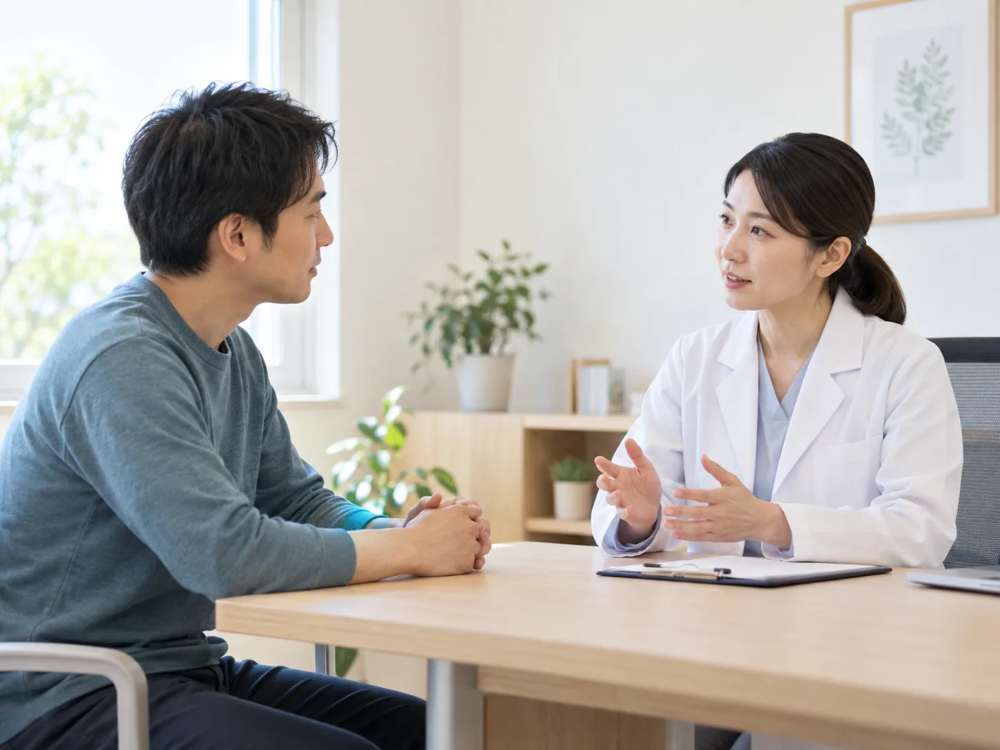 診察室で医療者と睡眠や健康状態について話す成人のイメージ