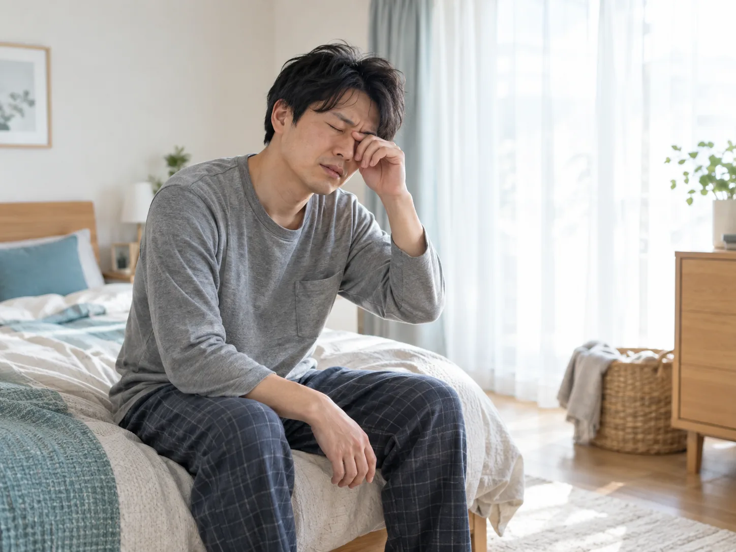 朝の寝室でベッドに座り目元に手を添える成人のイメージ