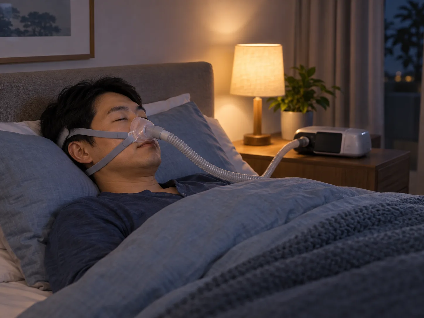 寝室でCPAPマスクを装着して眠る成人のイメージ