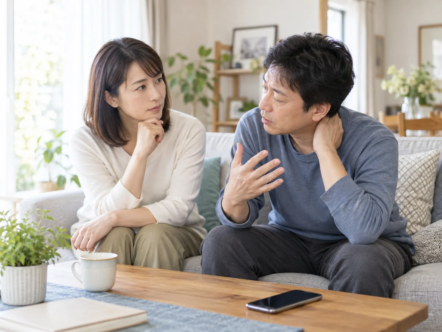 自宅のリビングで家族と相談する成人のイメージ