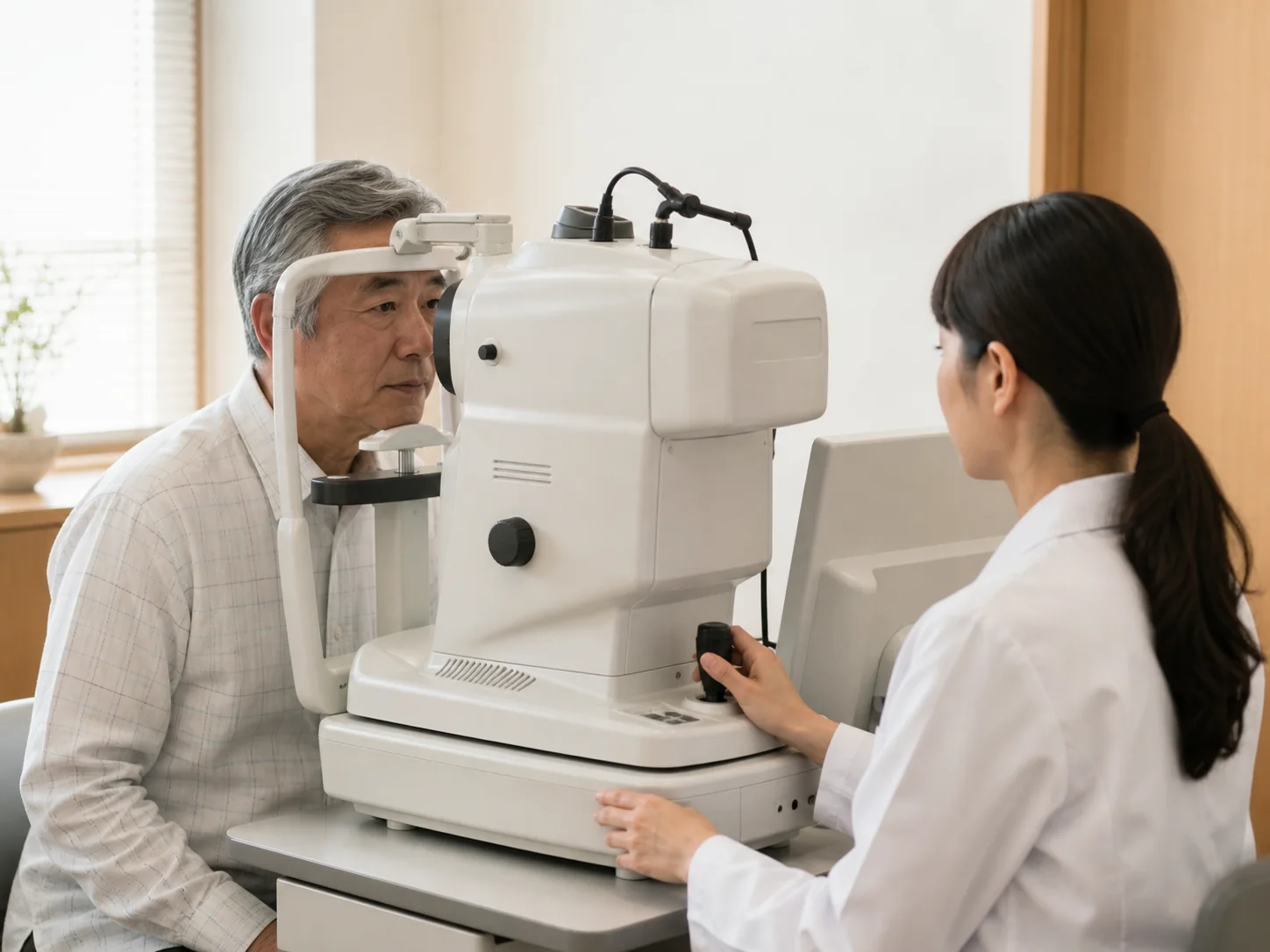 診察室で白衣のスタッフと机を挟んで向かい合う高齢の男性のイメージ