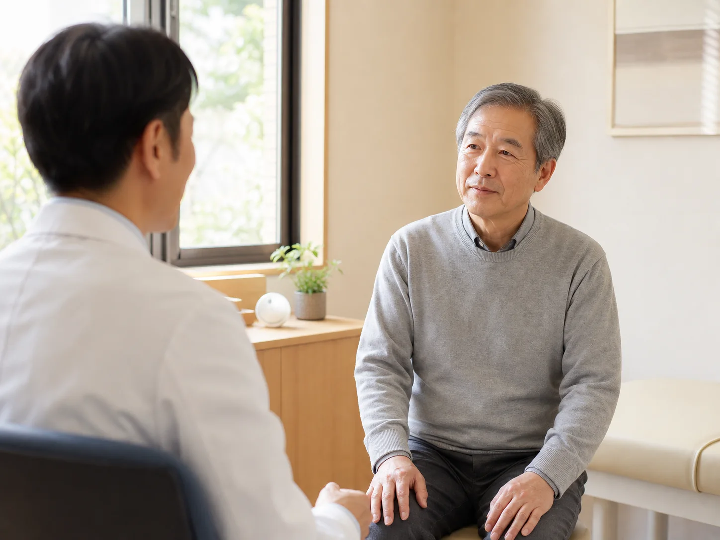 診察室で白衣の医療者と話す高齢の男性のイメージ