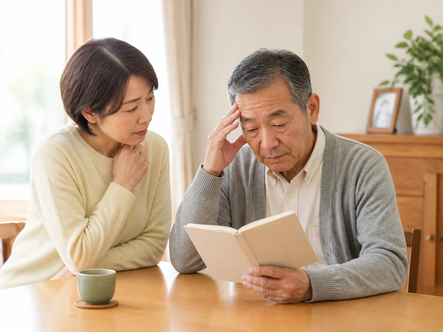 自宅で本を読む男性と、そばで様子を見守る女性のイメージ