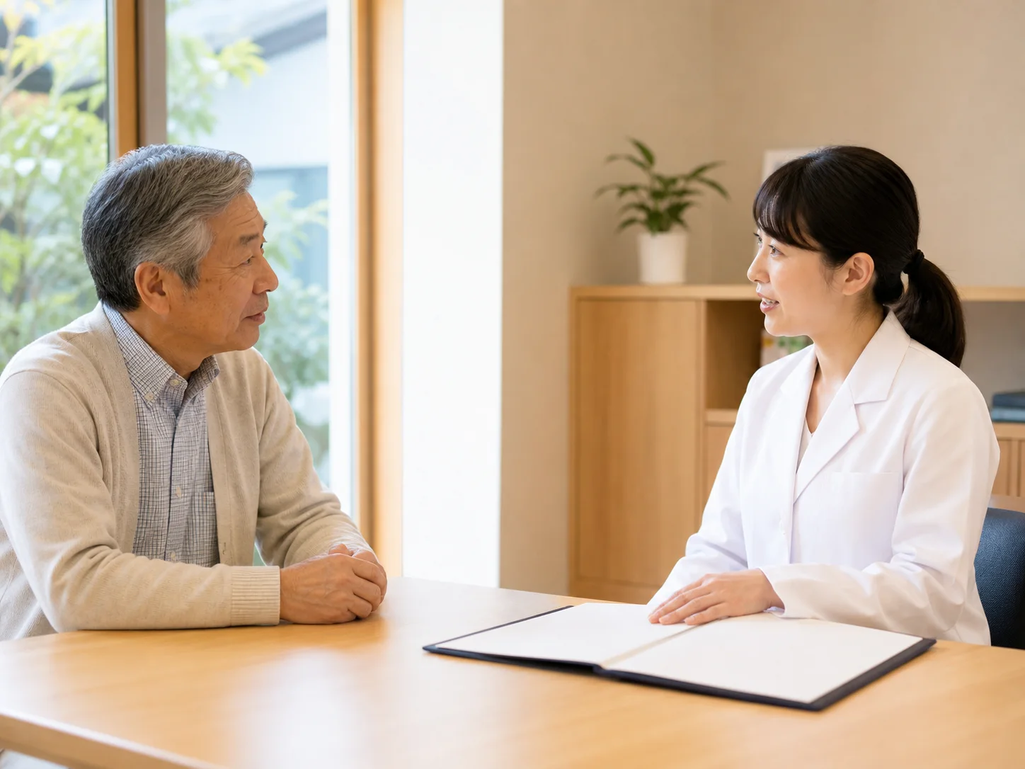 診察室で白衣のスタッフの説明を聞く高齢の男性のイメージ