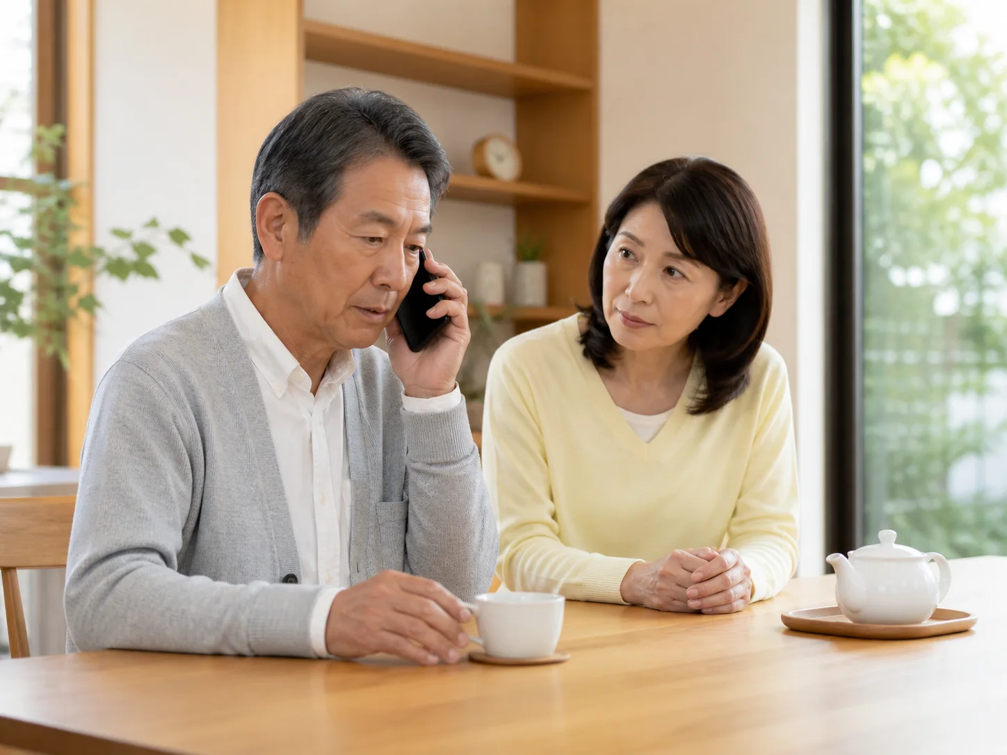 自宅で電話をかける男性と、そばにいる女性のイメージ