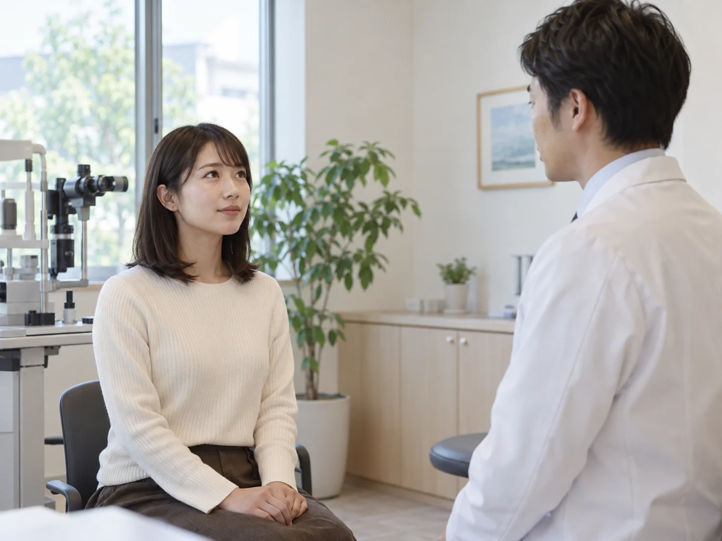 眼科検査機器のある診察室で白衣のスタッフと向かい合う若い女性のイメージ