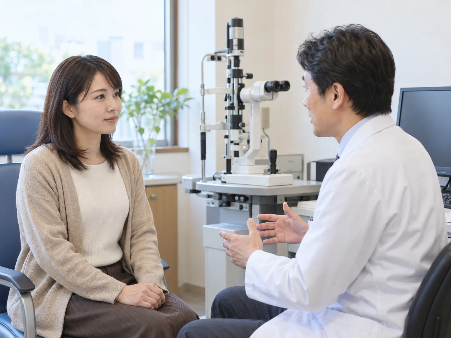 明るい診察室で白衣のスタッフの説明に笑顔で耳を傾ける若い女性のイメージ
