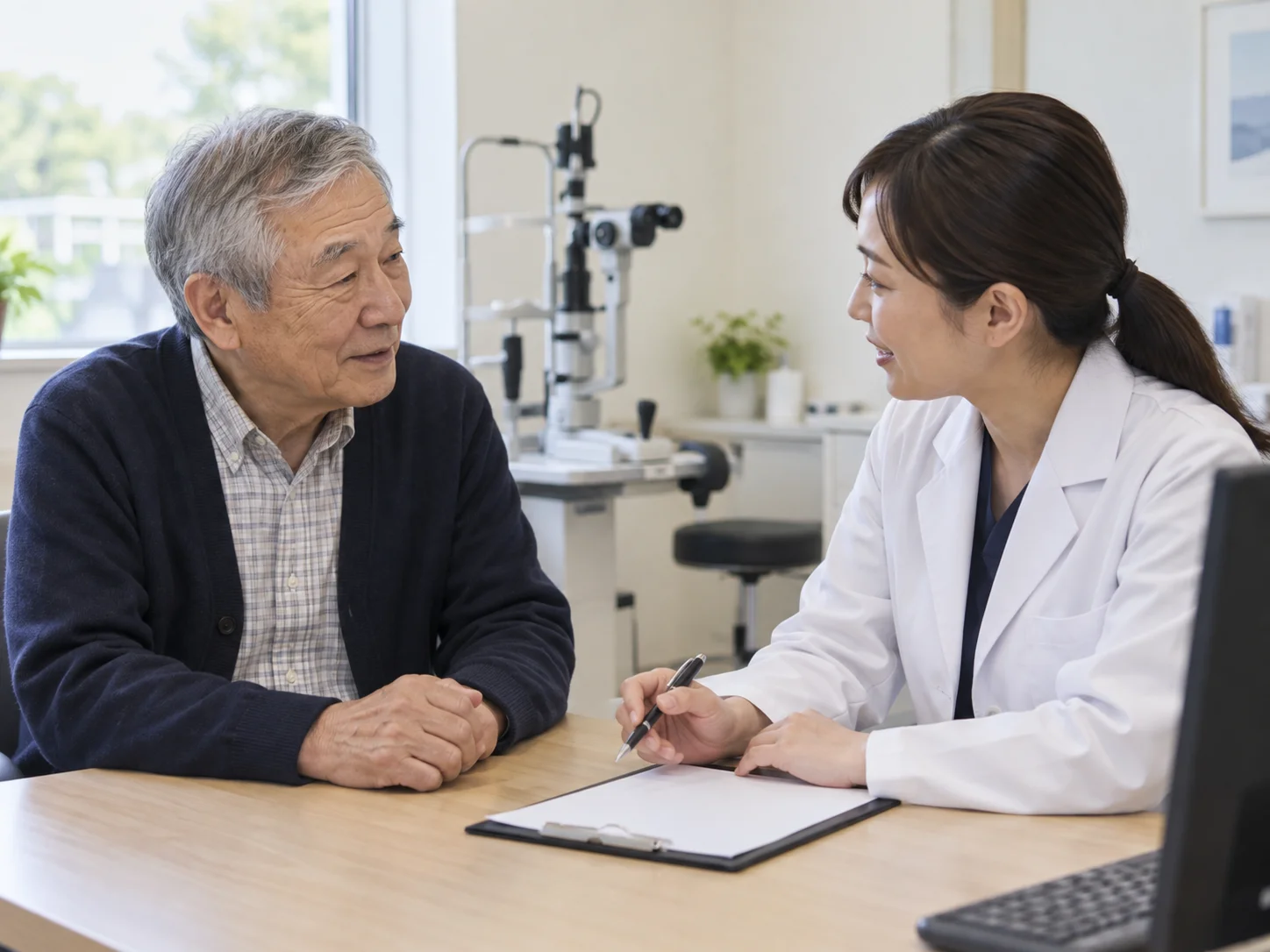 診察室で机を挟んで白衣のスタッフと向かい合って話す白髪の高齢の男性のイメージ