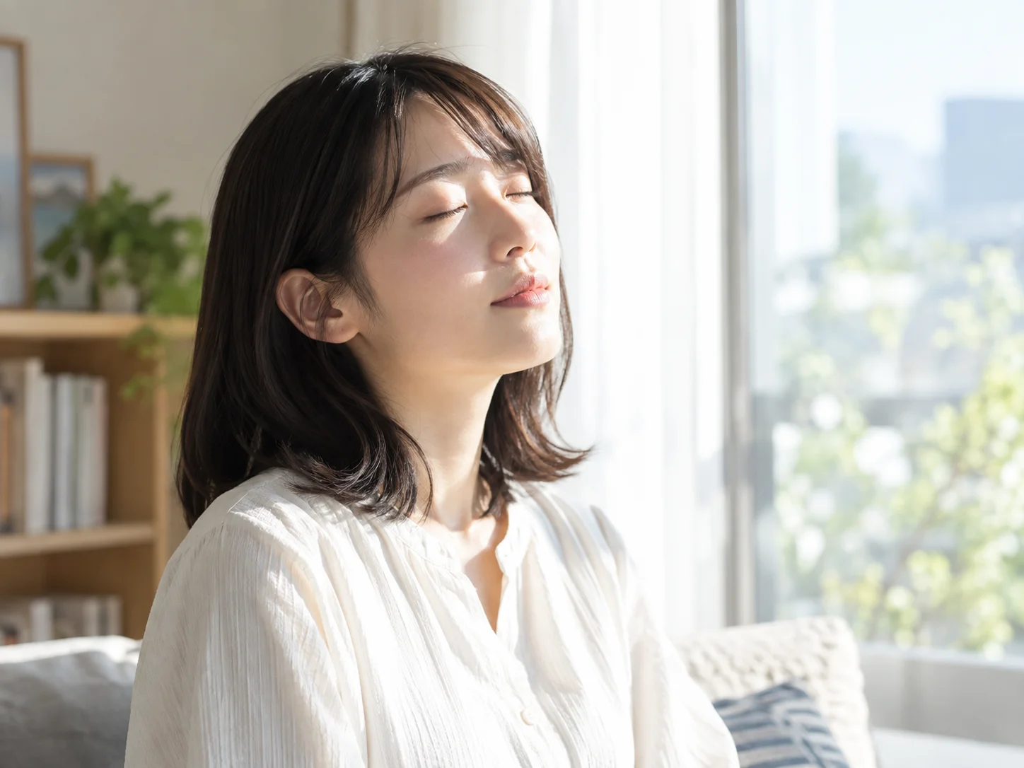 窓からの明るい光が差し込むリビングで両目を閉じて座る若い女性のイメージ