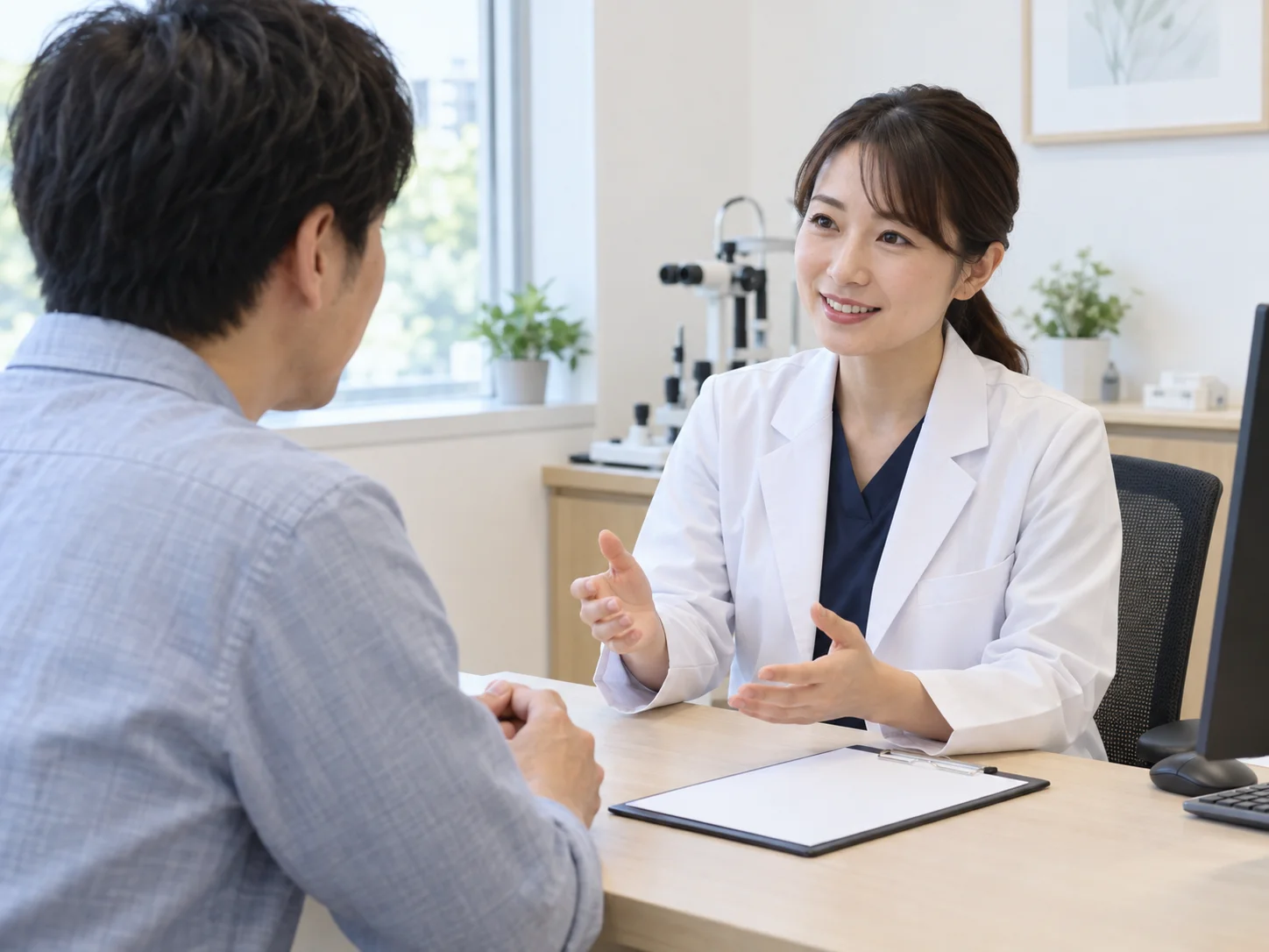診察室で白衣のスタッフが机越しに中年の男性へ身振りを交えて説明する場面のイメージ