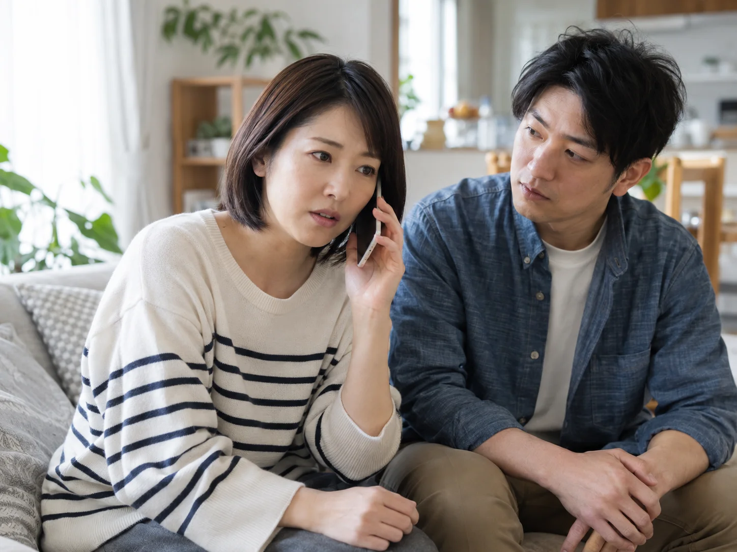 リビングのソファでスマートフォンで通話する女性を隣の男性が見つめる場面のイメージ