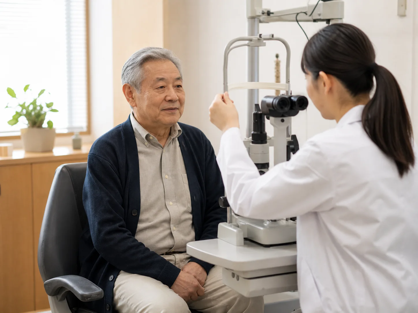 診察室で白衣のスタッフが眼科検査機器で高齢の男性の目を調べる場面のイメージ