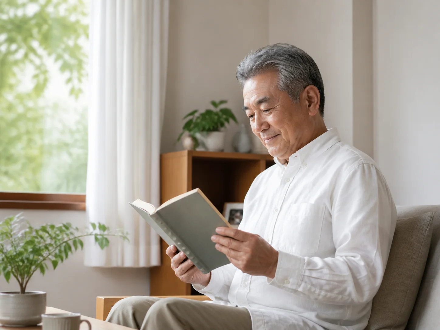 自宅のリビングで本を読む高齢の男性のイメージ