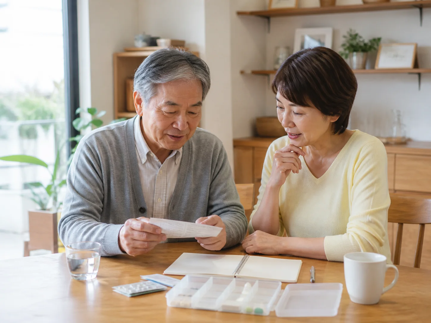 自宅のテーブルで書類を一緒に確認する高齢の男性と女性のイメージ