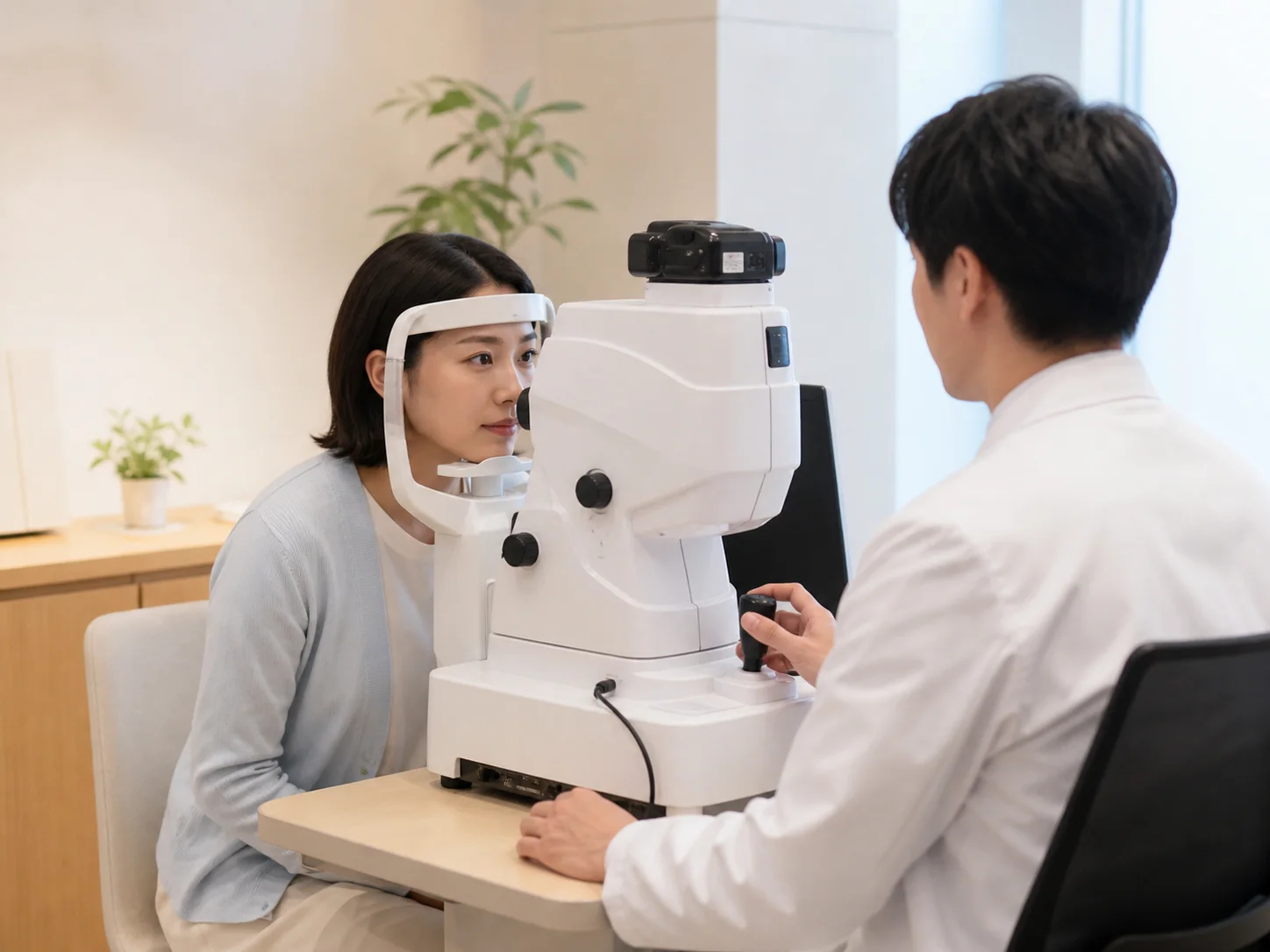 眼科検査機器を使った検査を受ける女性と、機器を操作する白衣の医療者のイメージ