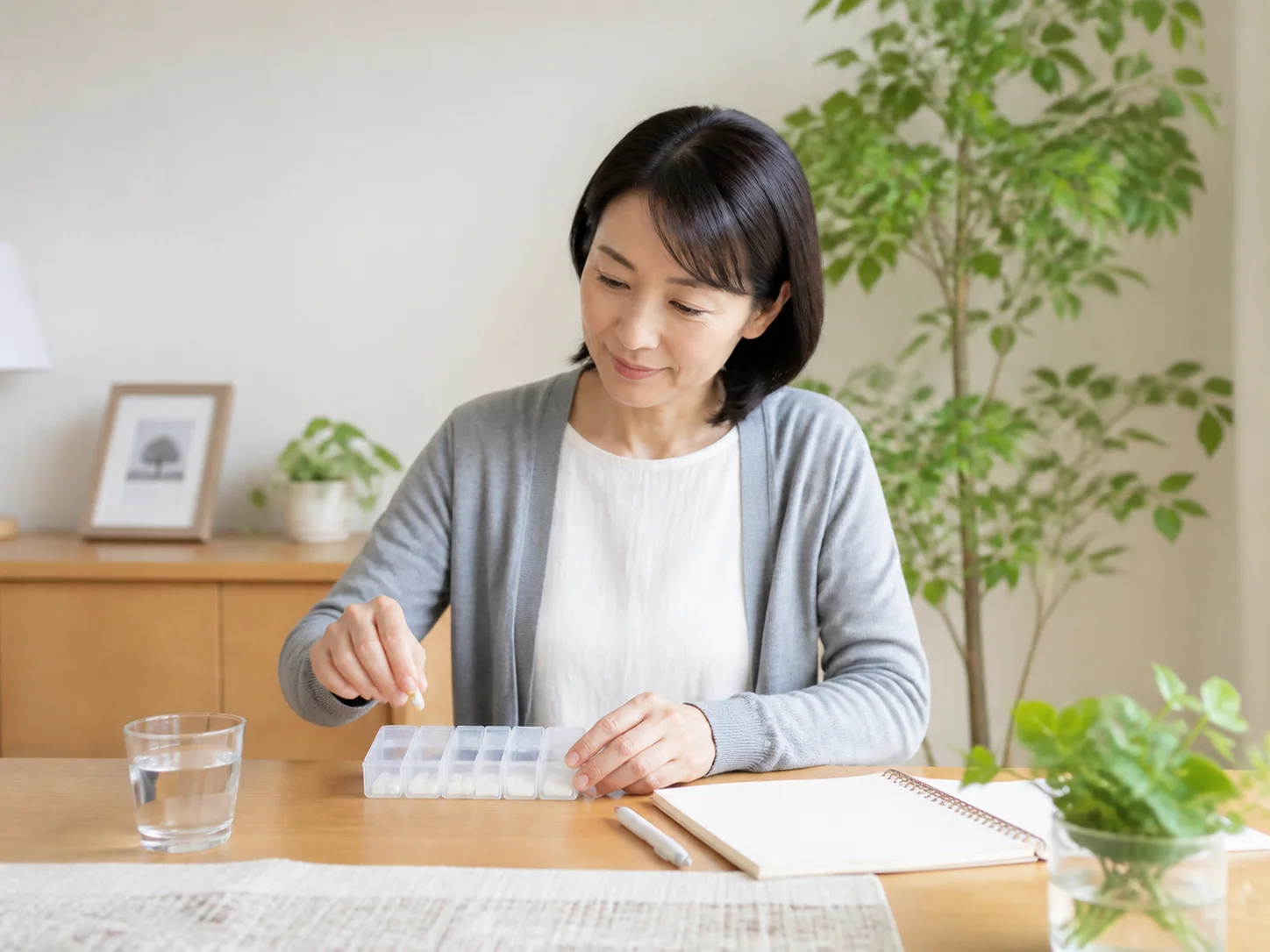 自宅のテーブルで薬のケースを確認する女性のイメージ