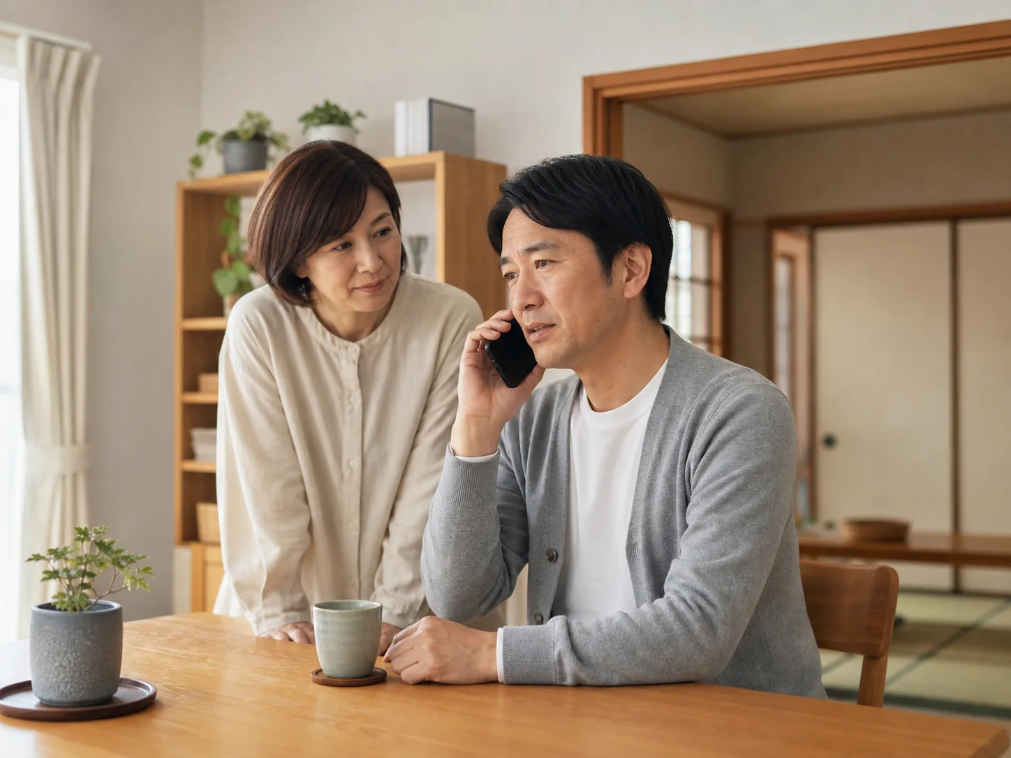 自宅で電話をかける男性と、そばに立つ女性のイメージ