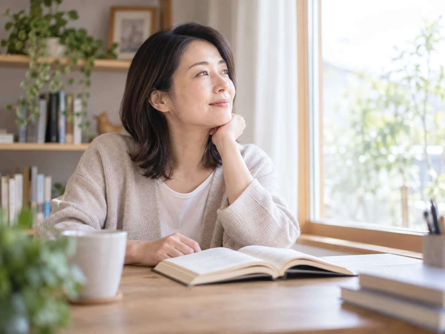 明るい自宅のテーブルで本を開き、頬杖をついて窓を眺める中年の女性のイメージ