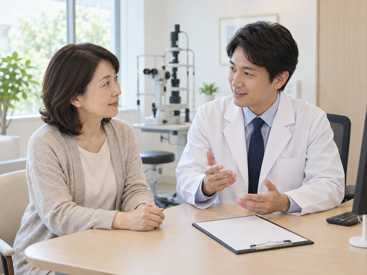 診察室の机を挟んで白衣のスタッフと向かい合って話す中年の女性のイメージ