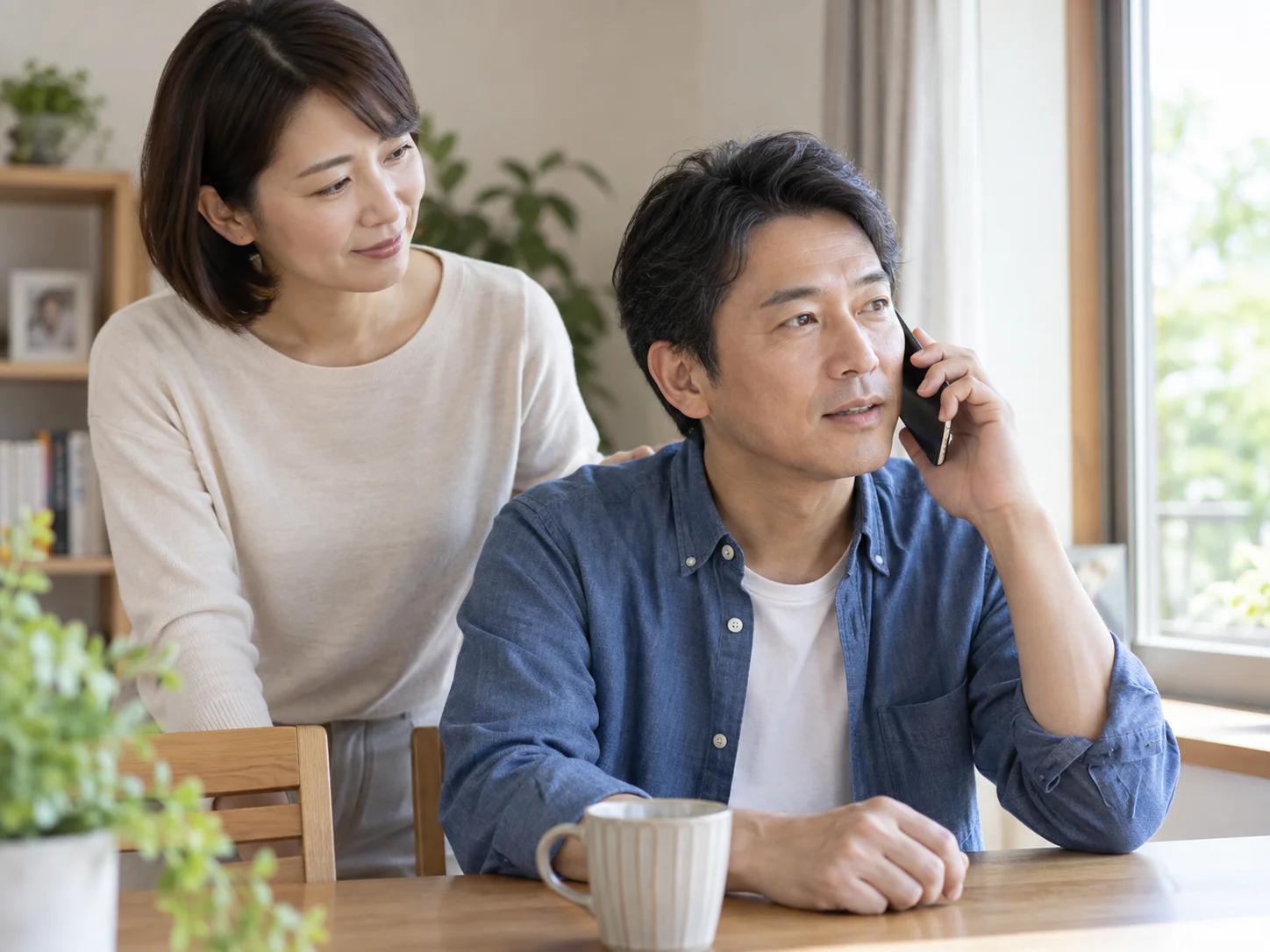 自宅のテーブルでスマートフォンで通話する中年の男性と、後ろから肩に手を置く女性のイメージ