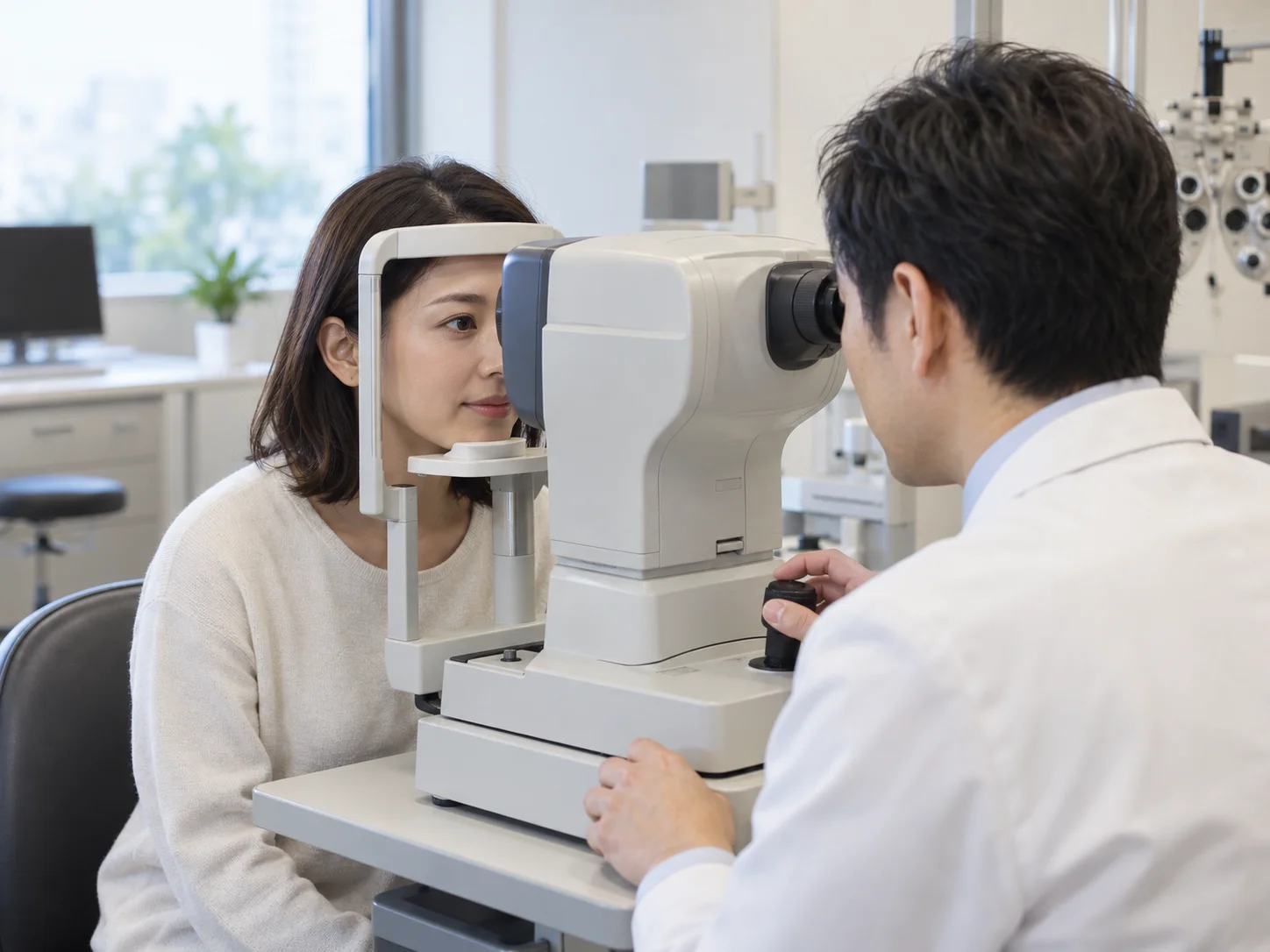 診察室の眼科検査機器にあごを乗せて座る女性と、対面で機器を操作する白衣のスタッフのイメージ
