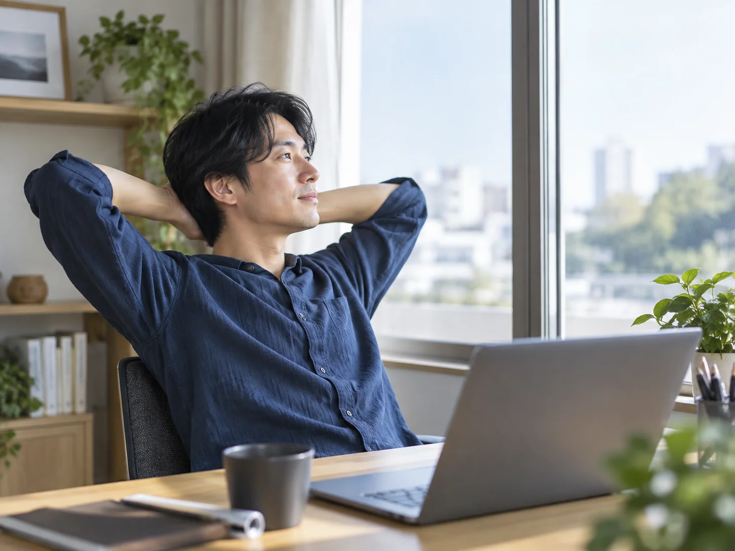 窓際のデスクでノートパソコンから離れ、両手を頭の後ろで組んで外を眺める男性のイメージ