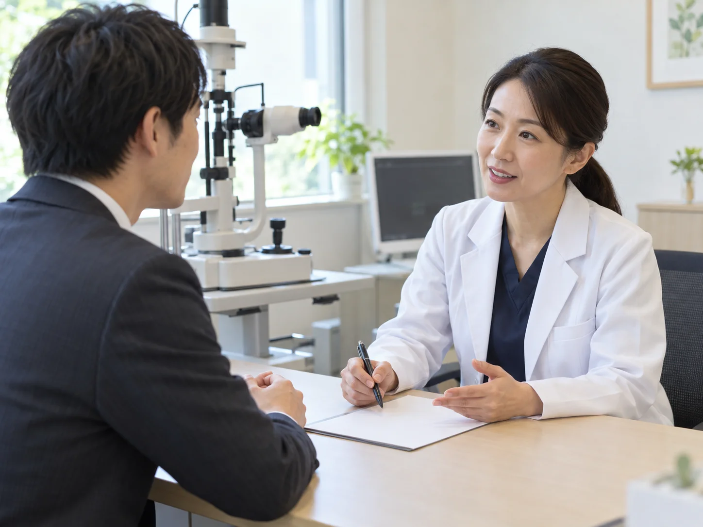 診察室で白衣のスタッフが机を挟んでペンを持ちながら説明し、向かいの男性が聞く場面のイメージ