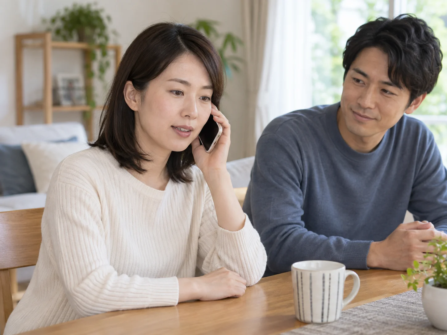 自宅のテーブルでスマートフォンで通話する女性と、隣に座って様子を見る男性のイメージ