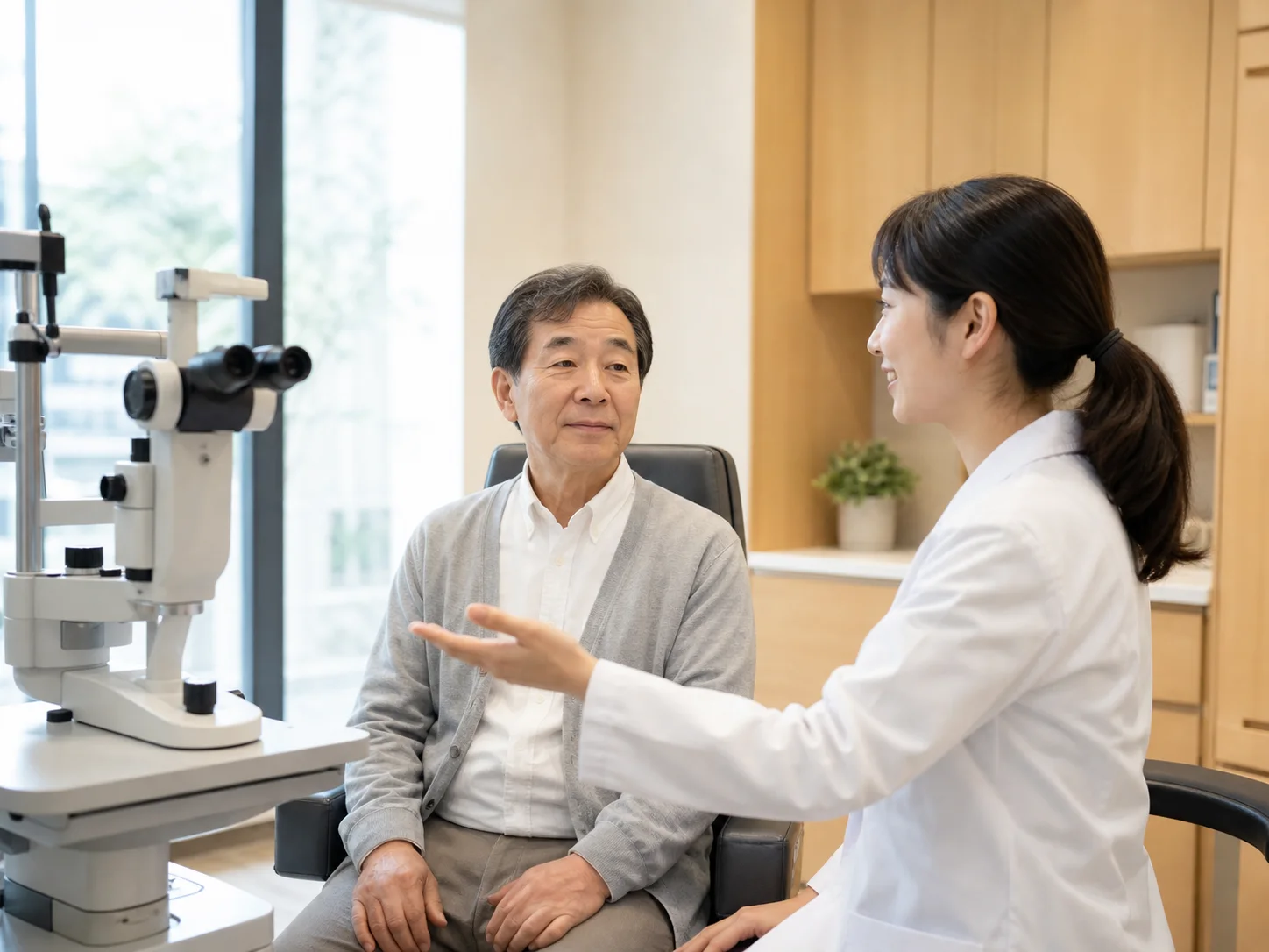 白衣のスタッフの説明を聞く高齢の男性と、横に置かれた眼科検査機器のイメージ