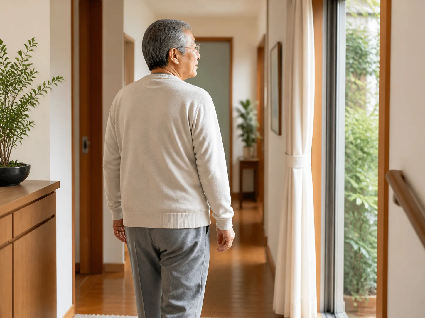 室内の廊下を歩く高齢の男性の後ろ姿のイメージ