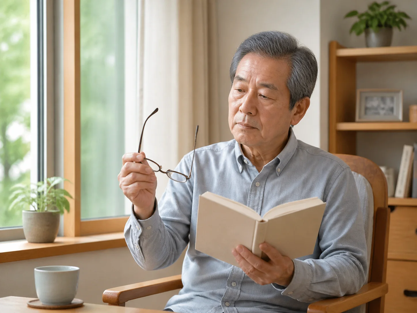 本を読みながら眼鏡を持ち上げる高齢の男性のイメージ