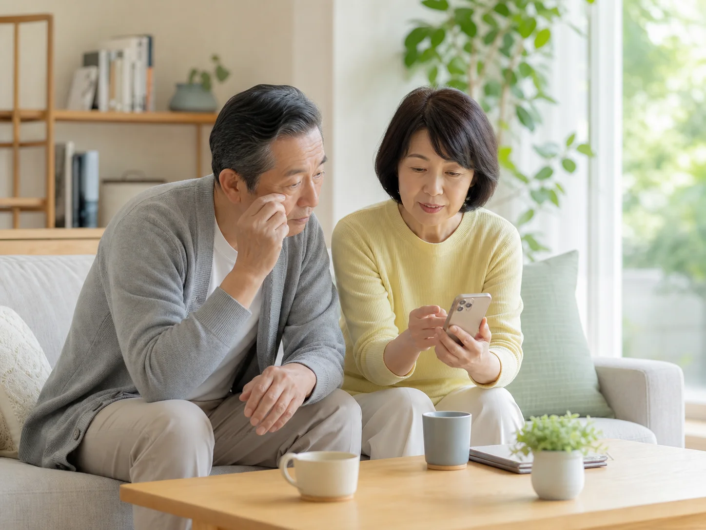 リビングでスマートフォンを操作する女性と、それを確認する高齢の男性のイメージ
