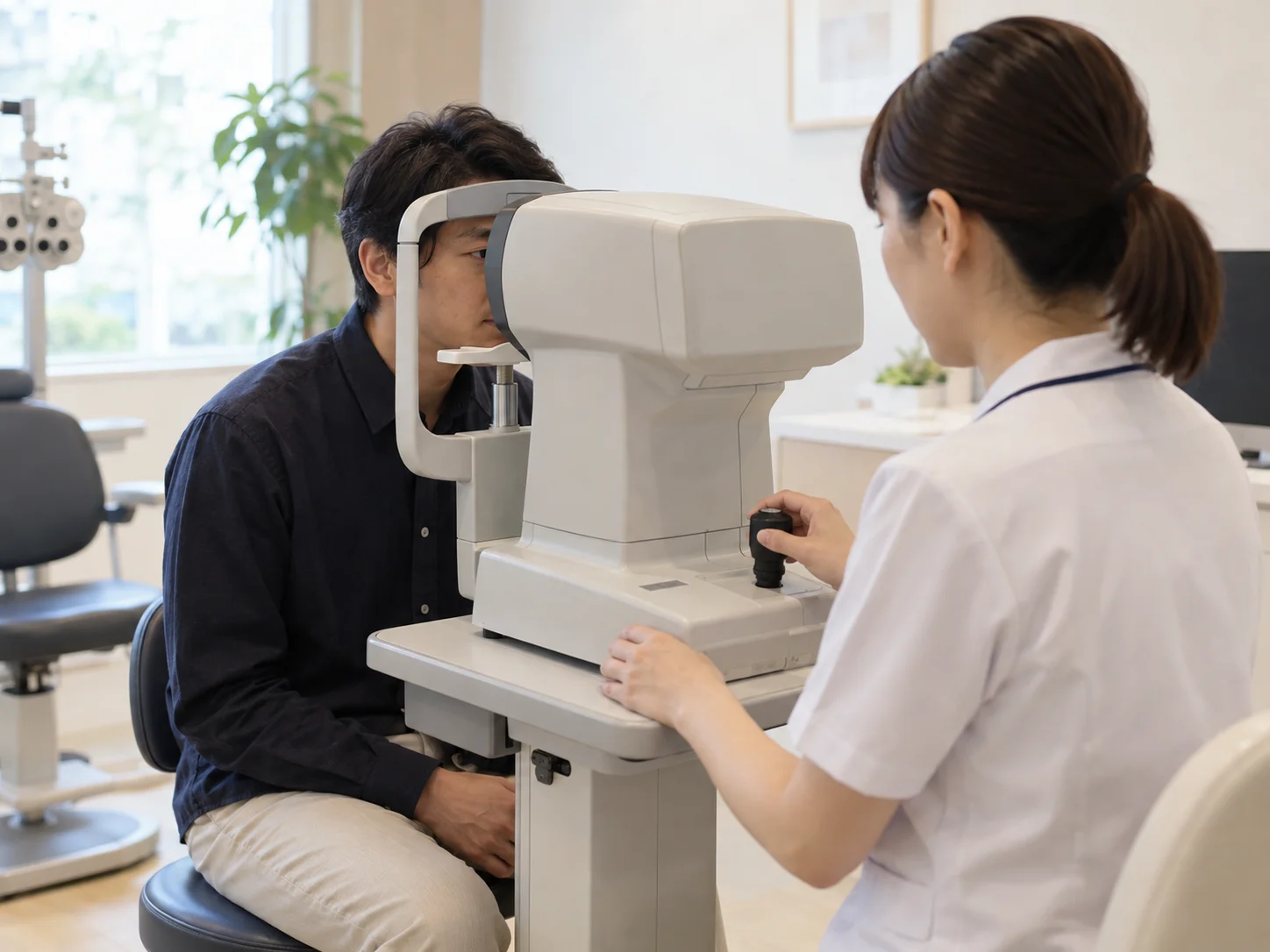 眼科検査機器にあごを乗せて検査を受ける男性と、機器を操作する白衣のスタッフのイメージ
