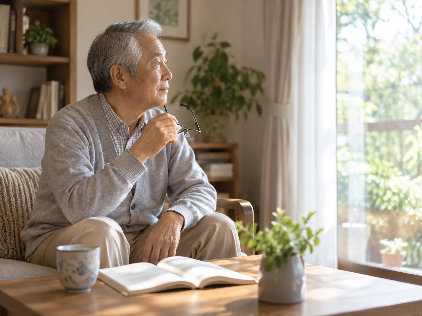 リビングのソファで本を読み、メガネを手に窓の外を眺める高齢の男性のイメージ