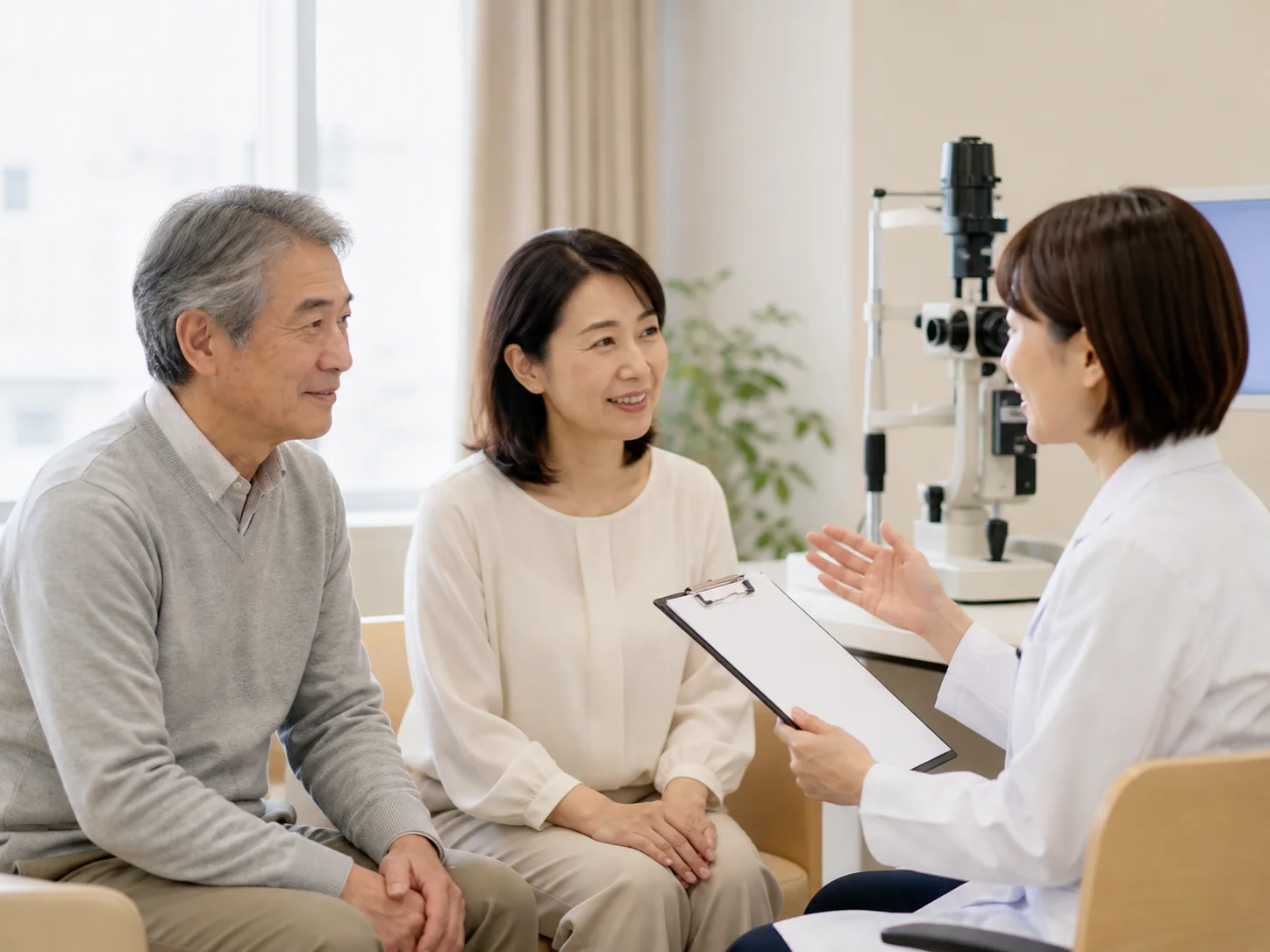 眼科の相談室で白衣の医療者の説明を聞く高齢の男性と女性のイメージ