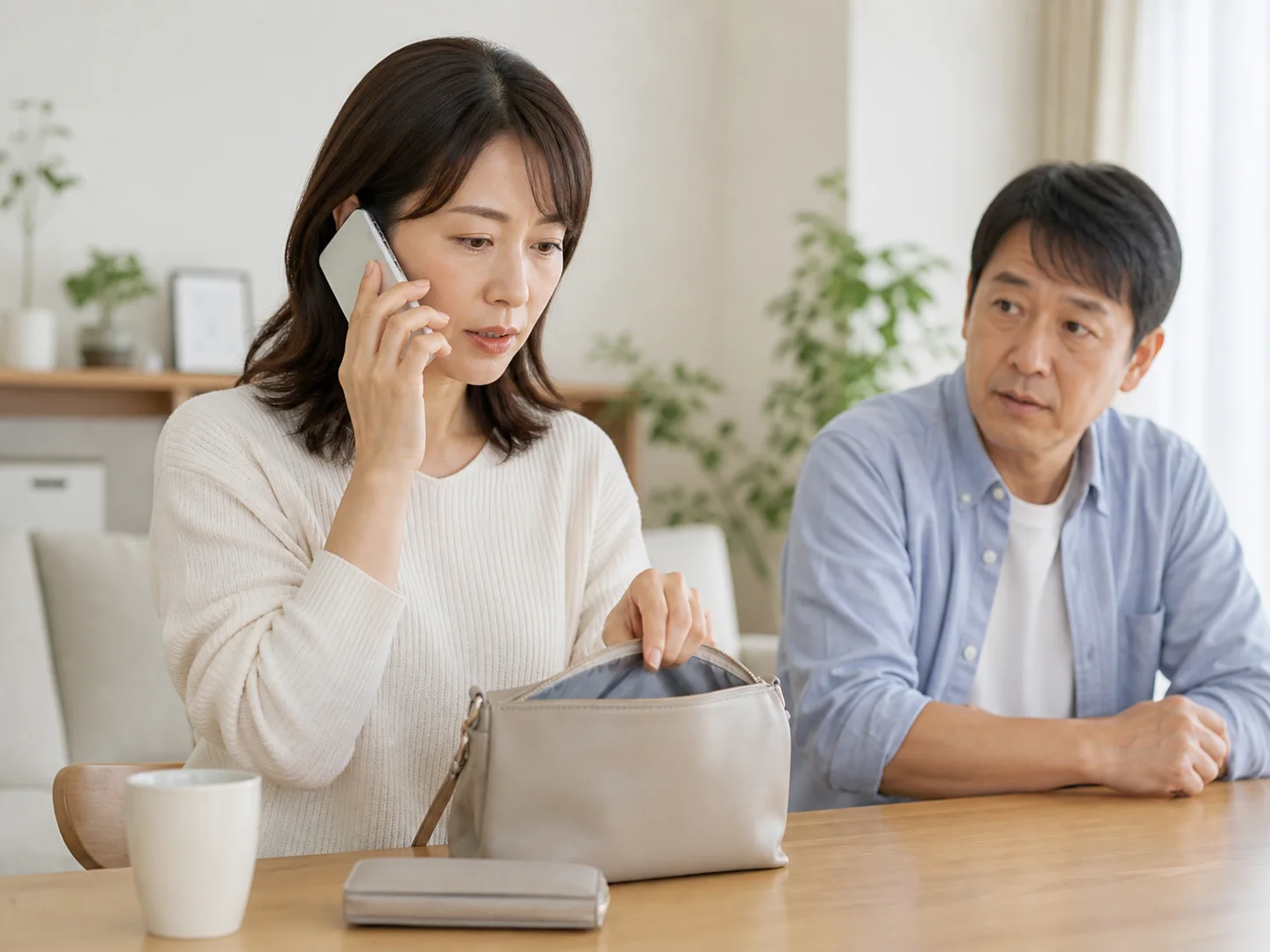 自宅で電話をかける女性と、そばにいる男性のイメージ