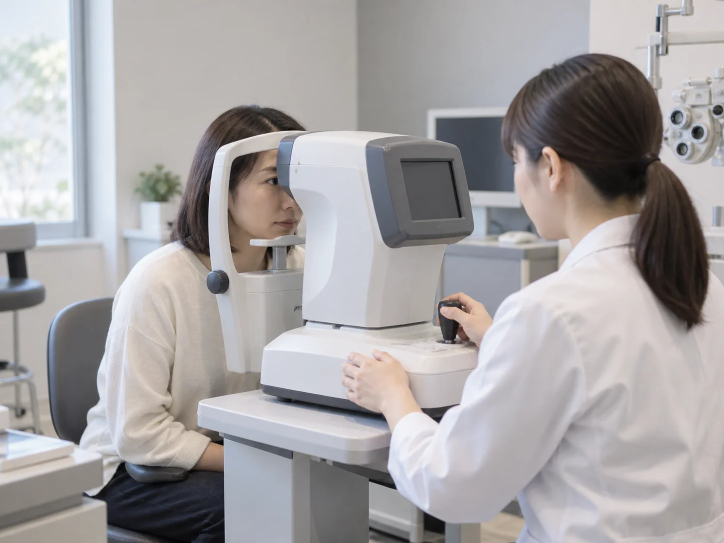 検査室で眼科検査の機器に顔を当てて座る女性と操作する白衣のスタッフのイメージ