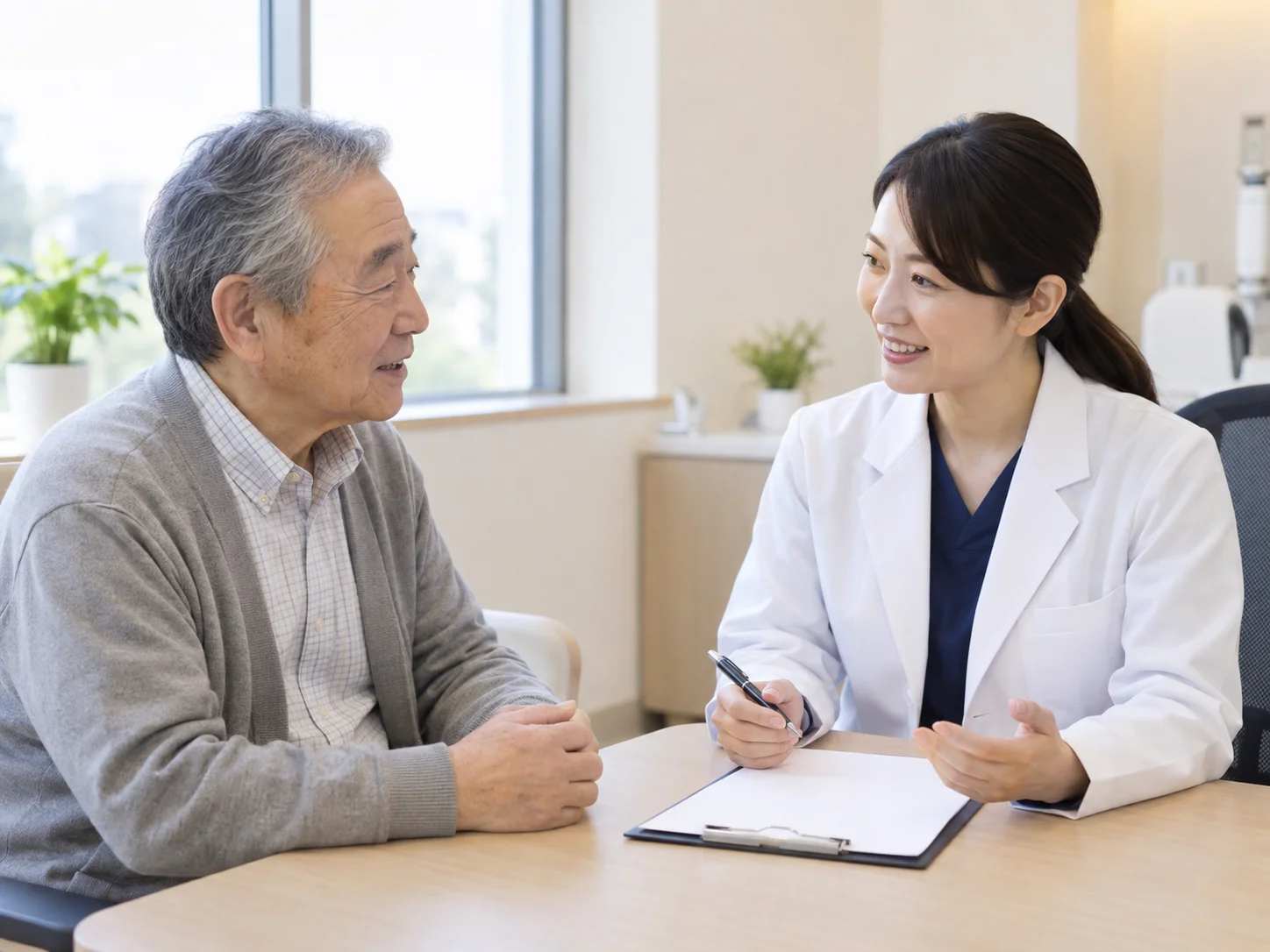 診察室で白衣のスタッフと机を挟んで向かい合って話す高齢の男性のイメージ