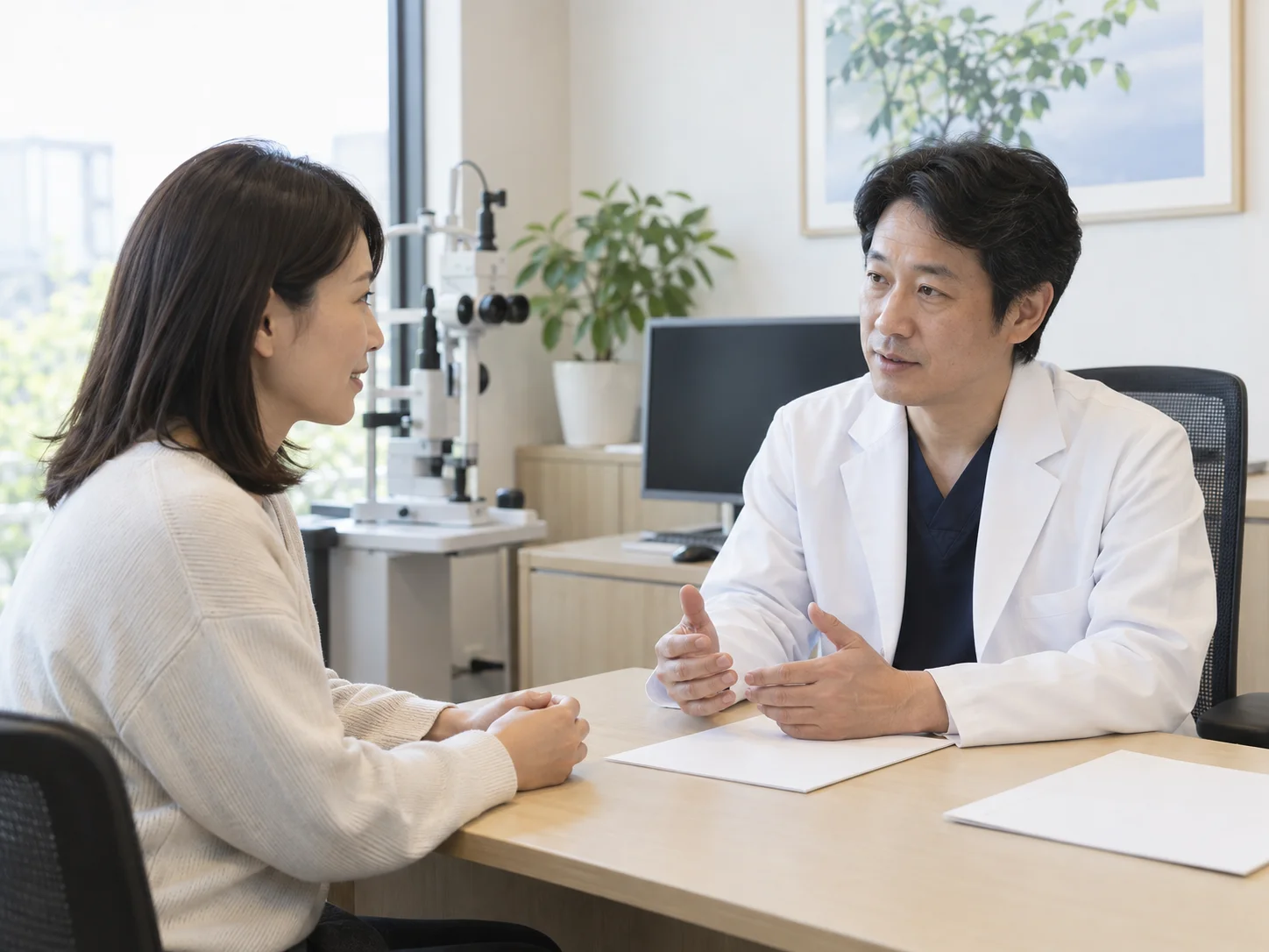 診察室で白衣のスタッフの身振りを交えた話に笑顔で耳を傾ける女性のイメージ