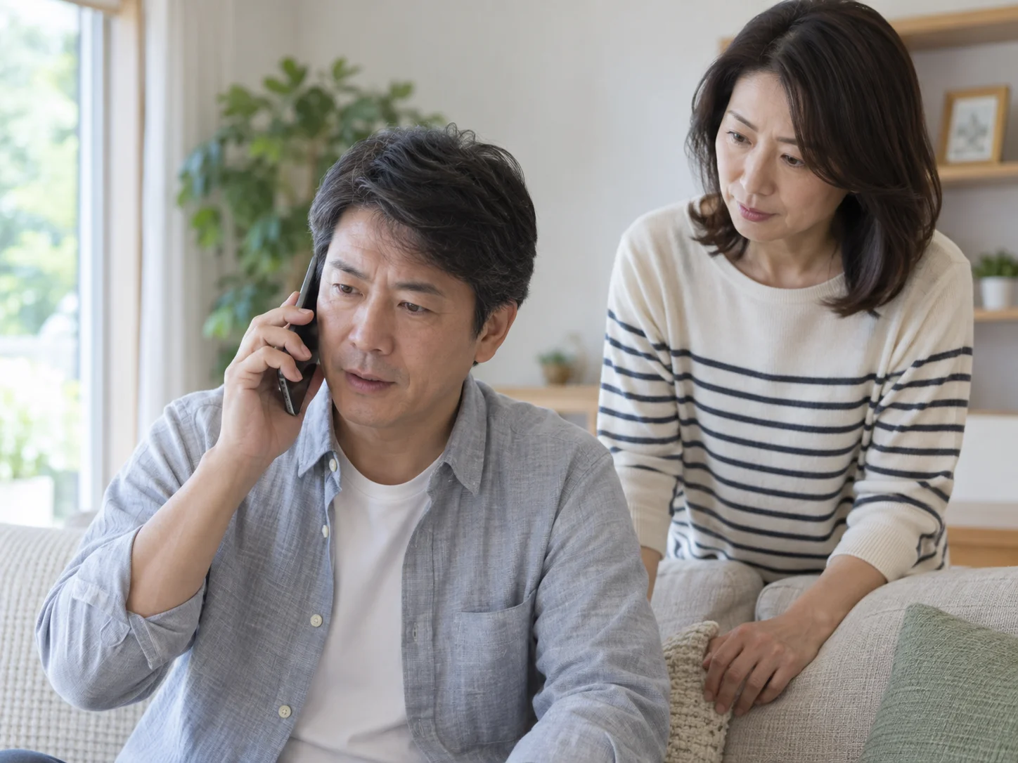 明るいリビングでスマートフォンで通話する男性を後ろの女性が見守る場面のイメージ